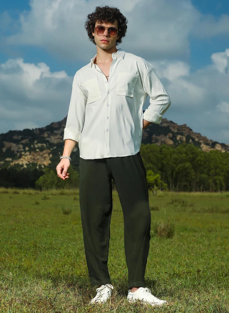 كامبوس سوترا Men's Ivory White Solid Utility Oversized Shirt