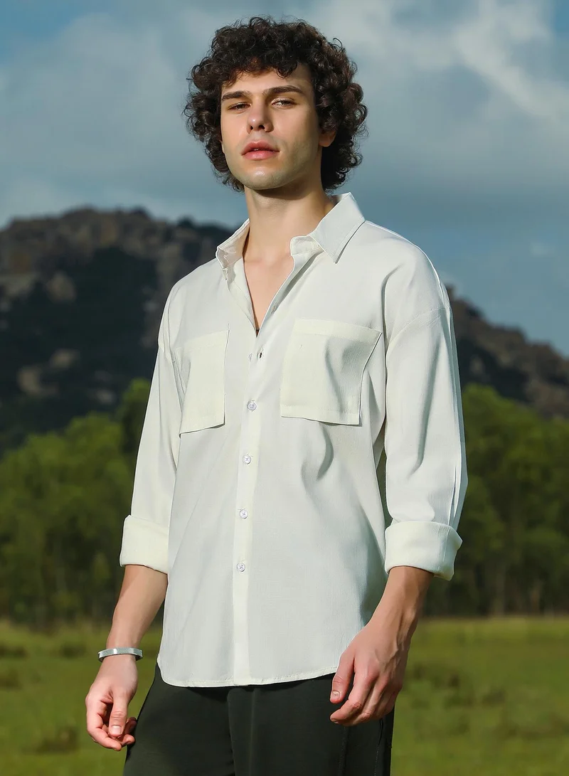 كامبوس سوترا Men's Ivory White Solid Utility Oversized Shirt