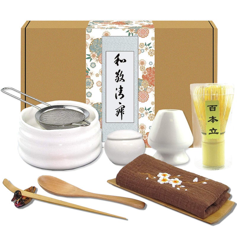 Artcome 10Piece Japanese Matcha Tea Set  Matcha Bowl Whisk Scoop Spoon Cloth Bamboo Holder Powder Caddy Strainer White