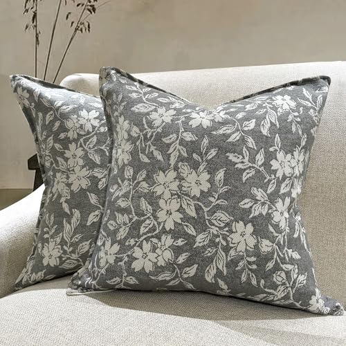makkey Gray Floral Pillow Covers 20x20 Pack of 2 Pillow Cover Jacquard Couch Pillows Vintage Flower Pattern Decorative Throw Pillowcases for Living Room - Image 1
