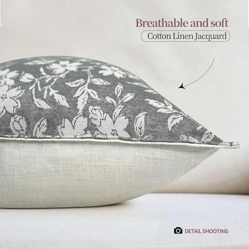 makkey Gray Floral Pillow Covers 20x20 Pack of 2 Pillow Cover Jacquard Couch Pillows Vintage Flower Pattern Decorative Throw Pillowcases for Living Room - Image 2