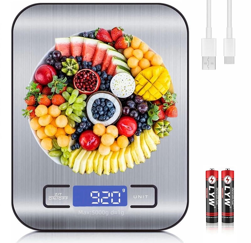 AoMige Digital Kitchen Scale High Precision Rechargeable Food Scale Multifunction Stainless Steel Food Weight Scale Baking Scale with LCD Display,Tare Function for Baking,Cooking,Dieting(5kg/1g) - Image 1