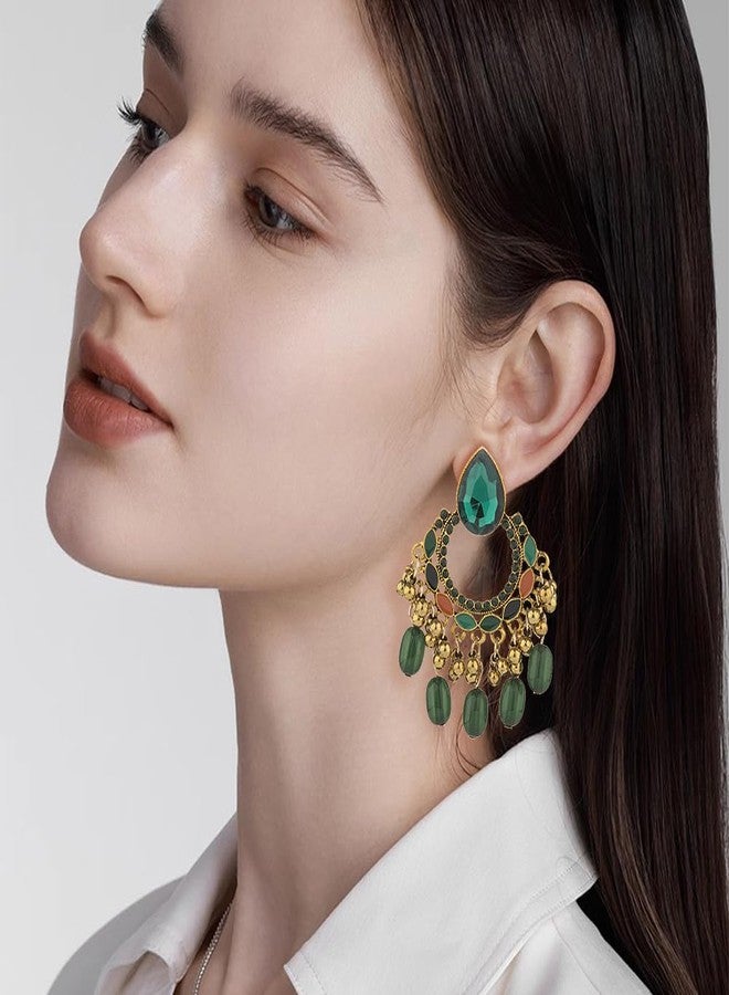OIDIMS Bollywood Chandelier Statement Tassel Dangle Indian Earrings Antique Boho Imitation Rhinestone Beaded Jhumka Drop Dangling Stud Lightweight Vintage Indian Jewelry Holiday Gifts for Women (Green) - Image 2