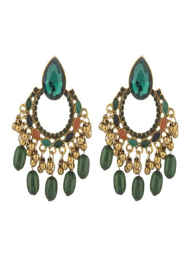OIDIMS Bollywood Chandelier Statement Tassel Dangle Indian Earrings Antique Boho Imitation Rhinestone Beaded Jhumka Drop Dangling Stud Lightweight Vintage Indian Jewelry Holiday Gifts for Women (Green) - Image 1