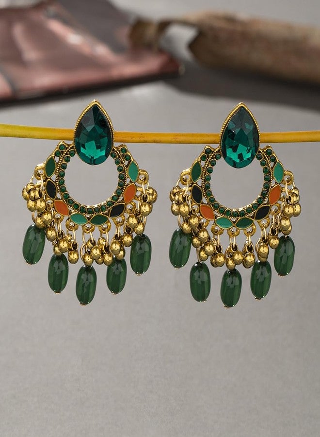 OIDIMS Bollywood Chandelier Statement Tassel Dangle Indian Earrings Antique Boho Imitation Rhinestone Beaded Jhumka Drop Dangling Stud Lightweight Vintage Indian Jewelry Holiday Gifts for Women (Green) - Image 4