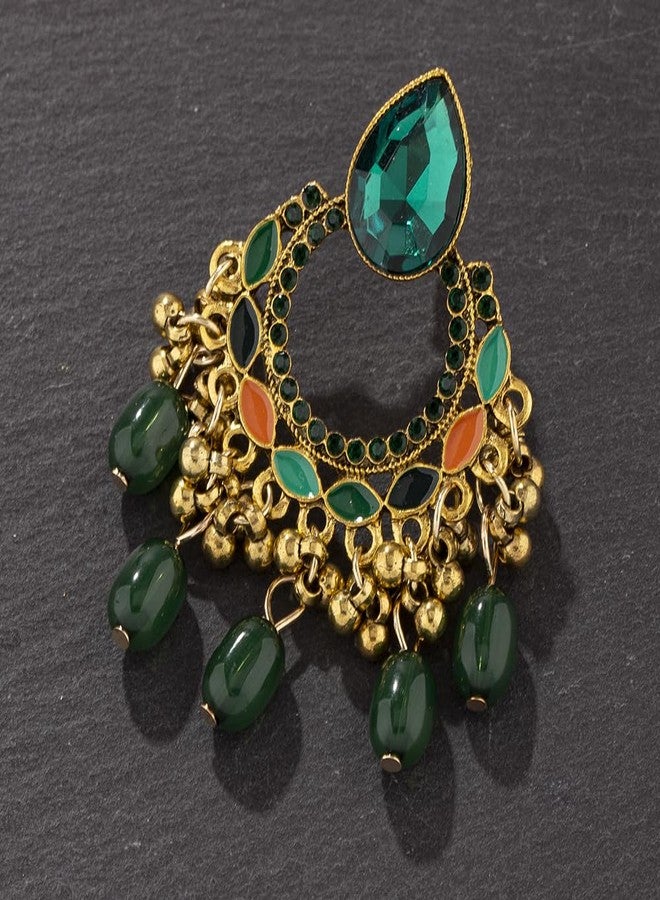 OIDIMS Bollywood Chandelier Statement Tassel Dangle Indian Earrings Antique Boho Imitation Rhinestone Beaded Jhumka Drop Dangling Stud Lightweight Vintage Indian Jewelry Holiday Gifts for Women (Green) - Image 5