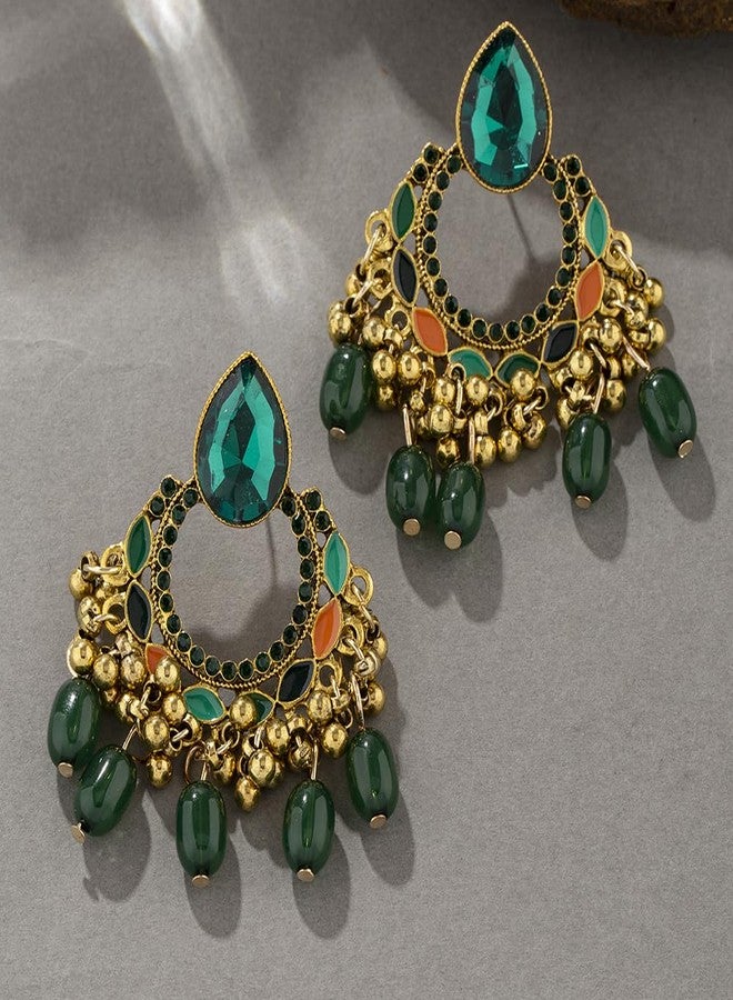 OIDIMS Bollywood Chandelier Statement Tassel Dangle Indian Earrings Antique Boho Imitation Rhinestone Beaded Jhumka Drop Dangling Stud Lightweight Vintage Indian Jewelry Holiday Gifts for Women (Green) - Image 3