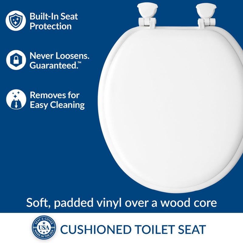 Mayfair Padded Toilet Seat, Cushioned Soft Vinyl over Wood Core Seat, Secure Hinges, Easy Clean, Made in USA, Round, White - Image 2