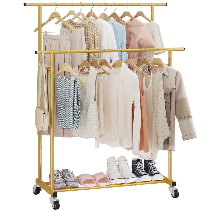 Calmootey Double Rod Clothing Garment RackRolling Hanging Clothes RackPortable Clothes Organizer for BedroomLiving RoomClothing StoreGold