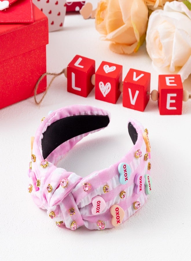 PANTIDE Conversation Heart Jeweled Knotted Headband - Valentine's Day XOXO Love Candy Rhinestone Embellished Headband Wide Top Knot Fashion Hair Accessories Birthday Gift for Women Lover (Pink Plaid) - Image 4