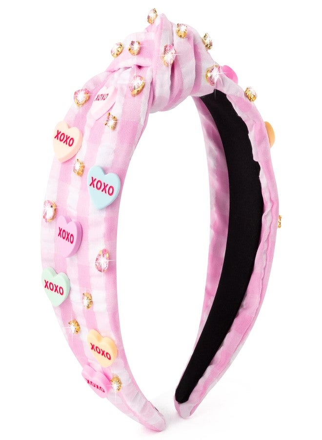PANTIDE Conversation Heart Jeweled Knotted Headband - Valentine's Day XOXO Love Candy Rhinestone Embellished Headband Wide Top Knot Fashion Hair Accessories Birthday Gift for Women Lover (Pink Plaid) - Image 1