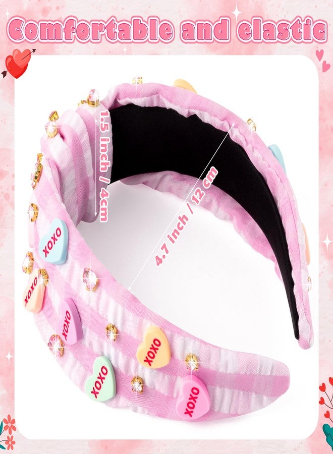 PANTIDE Conversation Heart Jeweled Knotted Headband - Valentine's Day XOXO Love Candy Rhinestone Embellished Headband Wide Top Knot Fashion Hair Accessories Birthday Gift for Women Lover (Pink Plaid) - Image 2