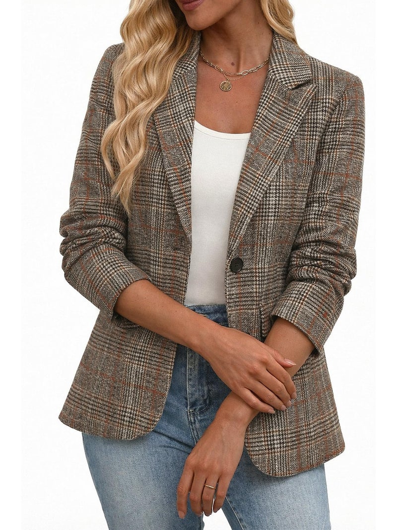 Mina Self Plaid Blazer for Women 2026 Fall Winter Brown Houndstooth Oversized Ladies Work Casual Boyfriend Dressy Fashion Business Casual Outfits Trendy Suit Jackets for Women ZHB013-P/Red-Brown-0M - Image 3