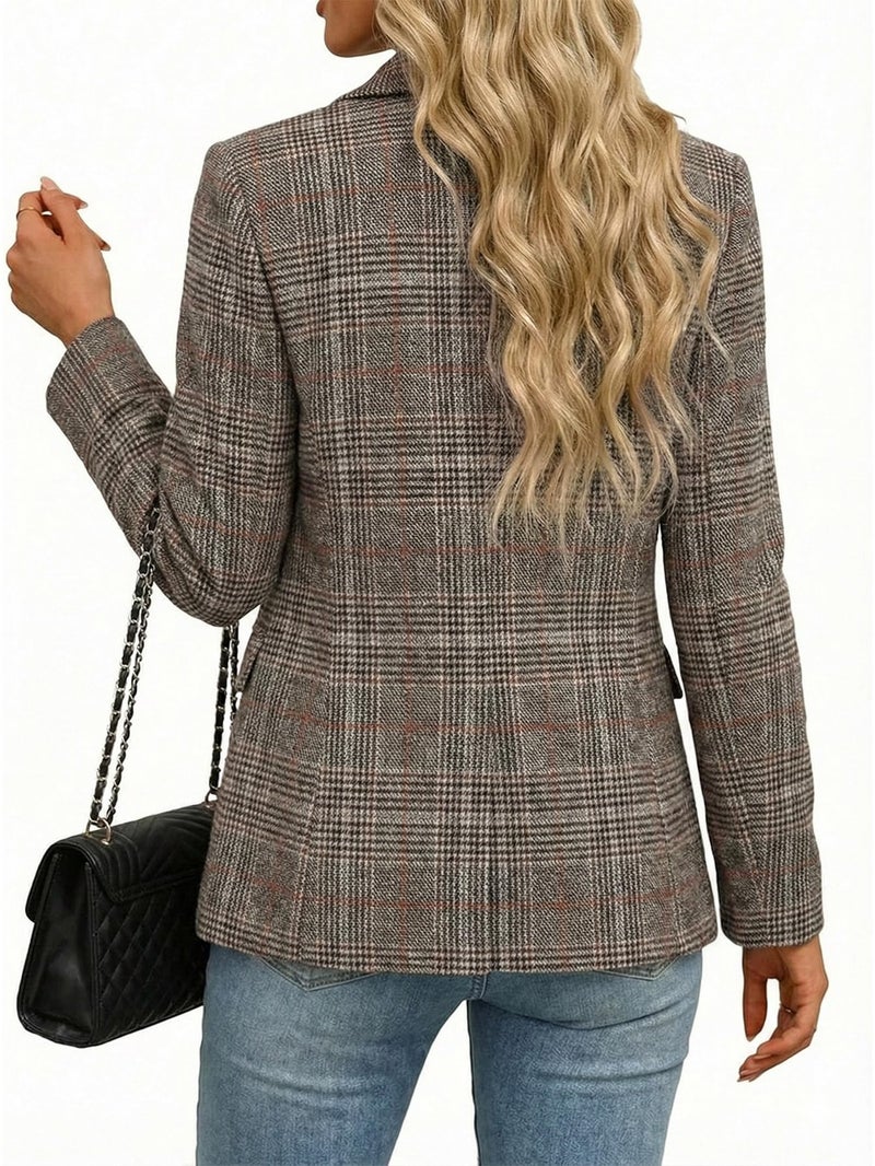 Mina Self Plaid Blazer for Women 2026 Fall Winter Brown Houndstooth Oversized Ladies Work Casual Boyfriend Dressy Fashion Business Casual Outfits Trendy Suit Jackets for Women ZHB013-P/Red-Brown-0M - Image 2