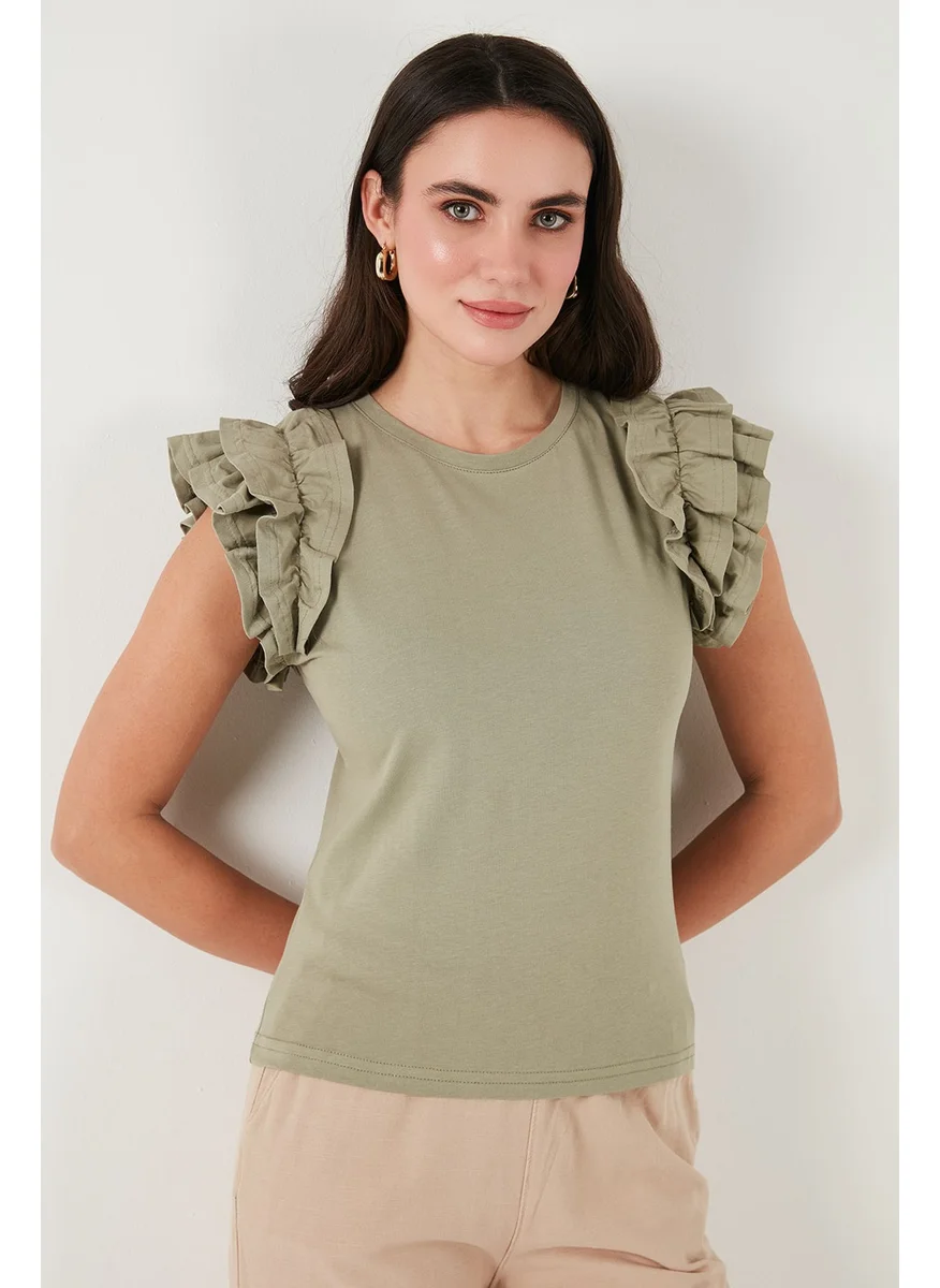 ليلا Cotton Ruffled Sleeves Slim Fit Crew Neck T Shirt Women's T Shirt 5864500