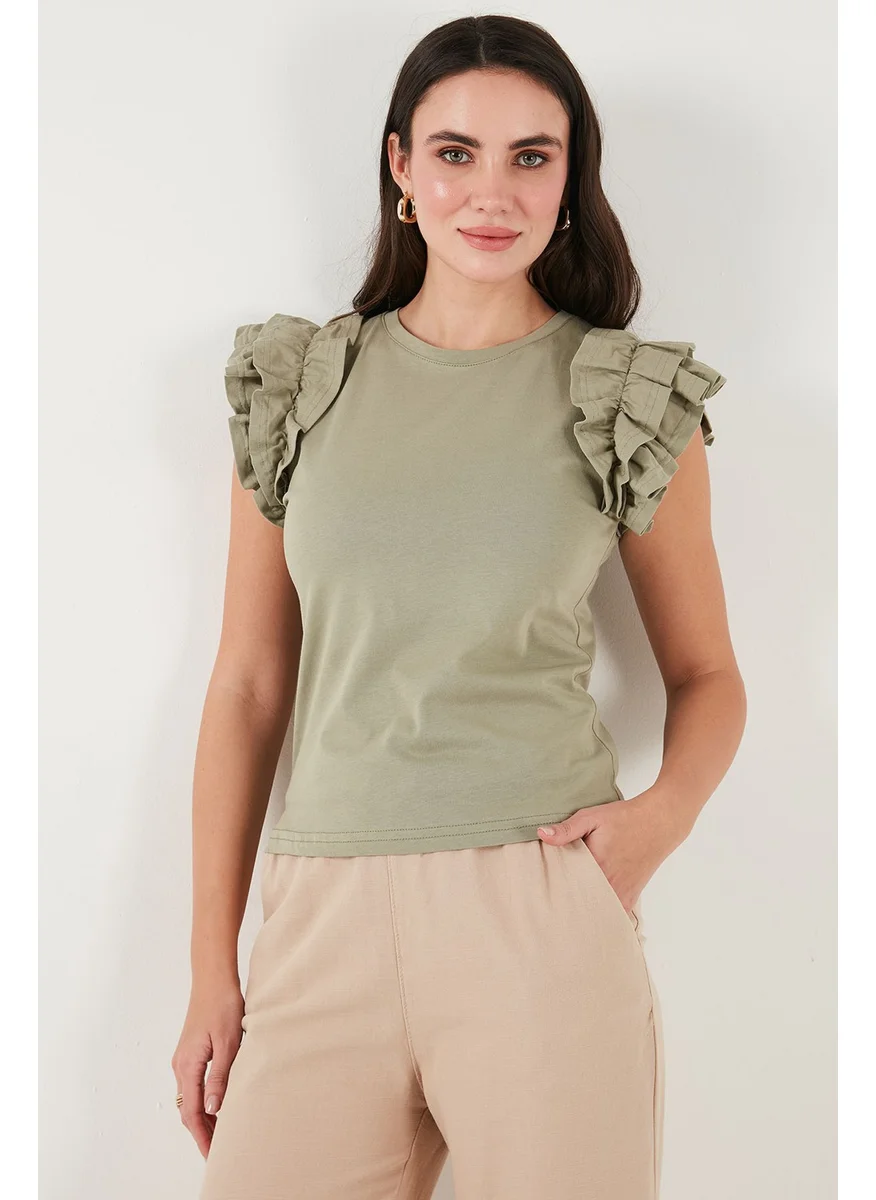 ليلا Cotton Ruffled Sleeves Slim Fit Crew Neck T Shirt Women's T Shirt 5864500