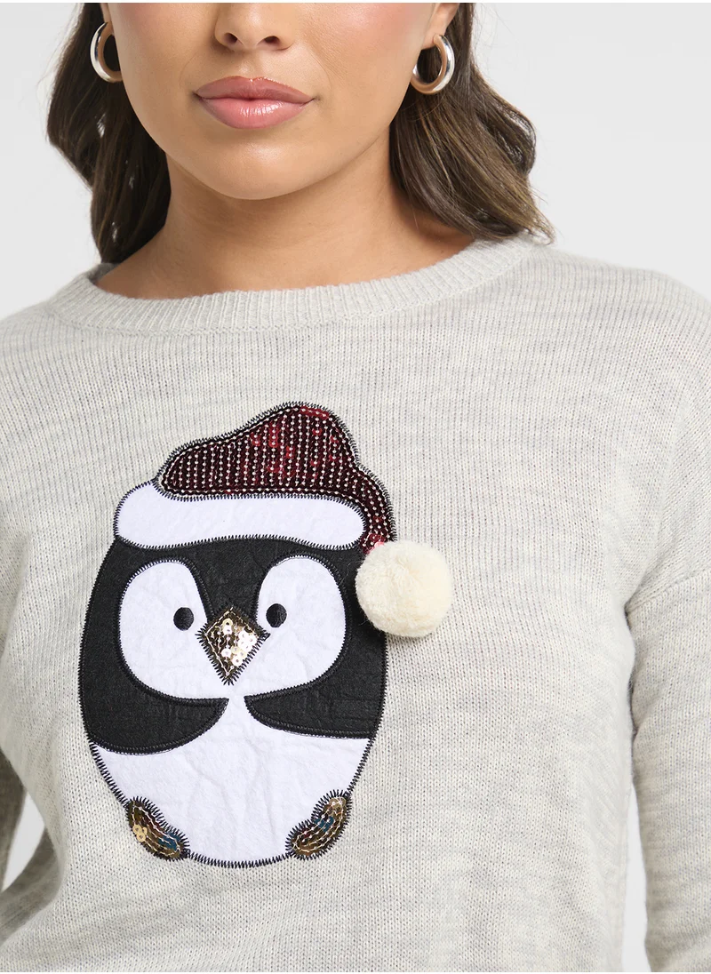 Ginger Penguin Applique Sweater