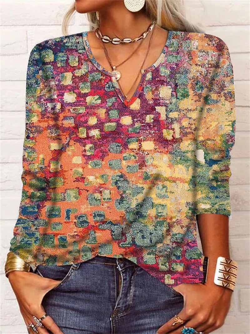 2025 Spring Loose Long Sleeve Flower Mang V-neck T-shirt Base Shirt Women's Wear - Image 1