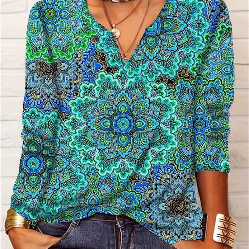 2025 Spring Loose Long Sleeve Flower Mang V-neck T-shirt Base Shirt Women's Wear - Image 3