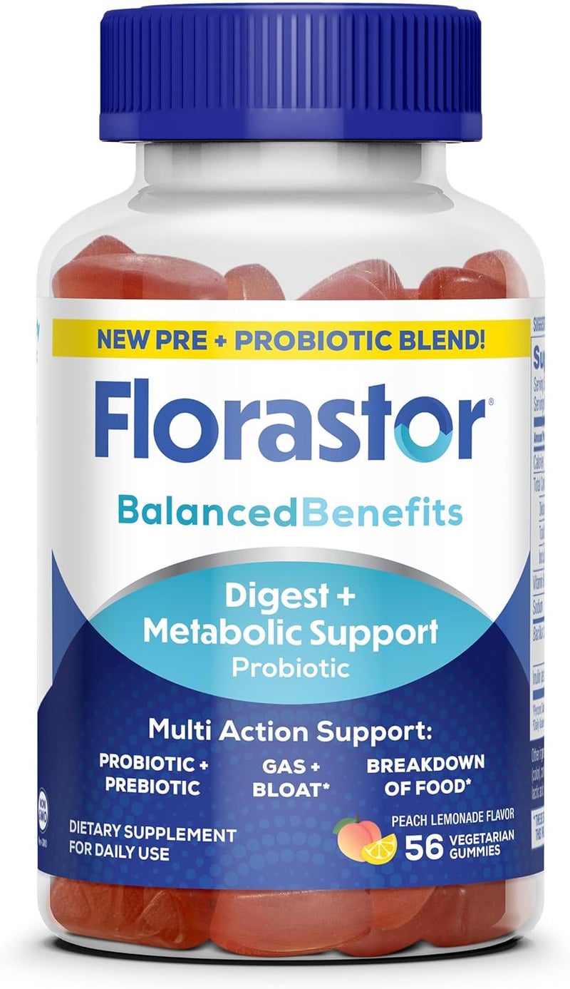 Florastor Digestive and Metabolic Support Probiotic Blend Prebiotic and Probiotic Gummies for MultiAction Digestive Health Care with Vitamin B12 56 Gummies - Image 1