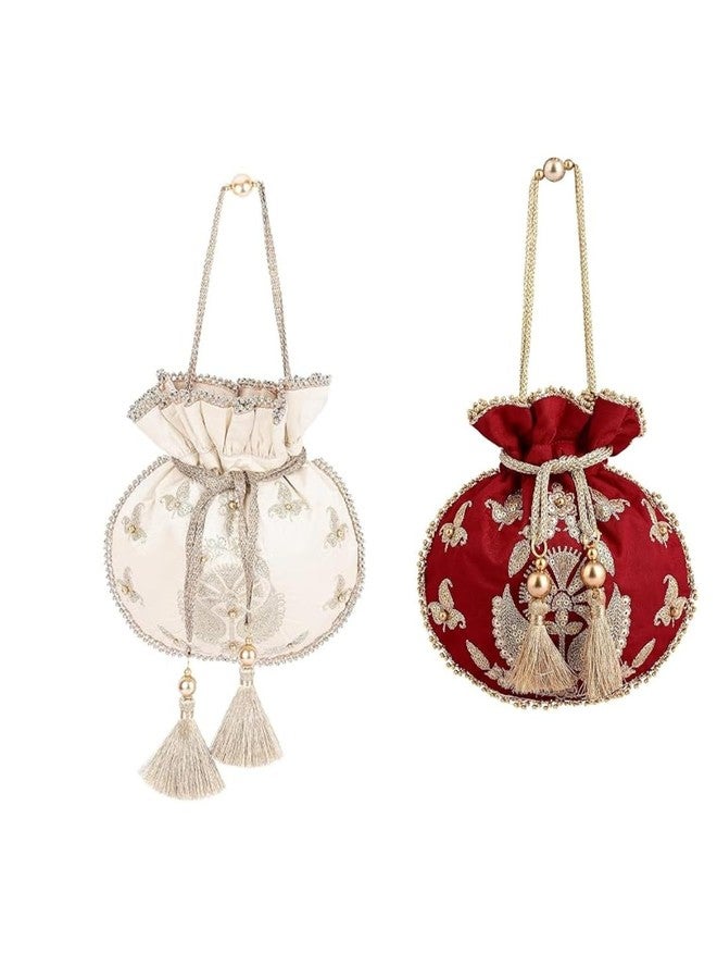 MASQ by Q-One Embroidered Silk Potli Bags Gold - Handcrafted for Weddings, Festive Season & Special Occasions with Beads and Sequins - Made in India (Red,Gold,Black Pack Of 03) - Image 3
