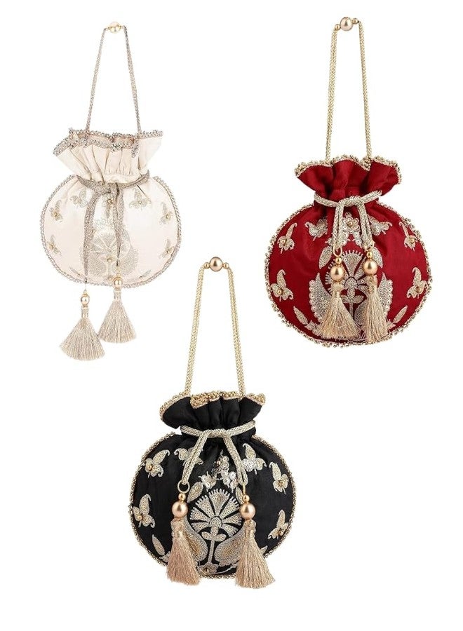 MASQ by Q-One Embroidered Silk Potli Bags Gold - Handcrafted for Weddings, Festive Season & Special Occasions with Beads and Sequins - Made in India (Red,Gold,Black Pack Of 03) - Image 1
