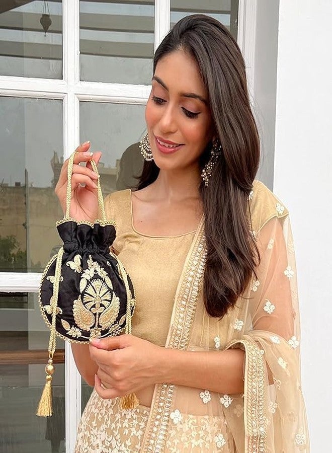 MASQ by Q-One Embroidered Silk Potli Bags Gold - Handcrafted for Weddings, Festive Season & Special Occasions with Beads and Sequins - Made in India (Red,Gold,Black Pack Of 03) - Image 5