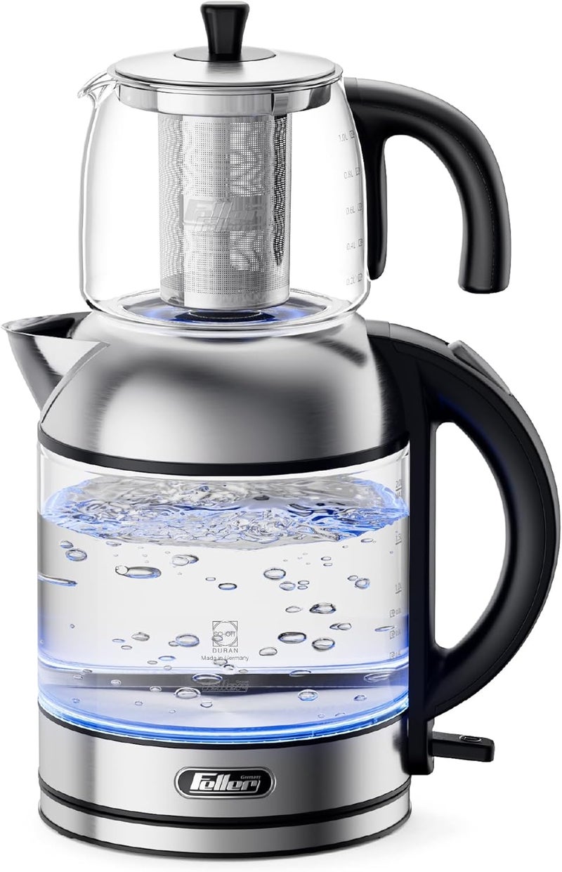 Feller Germany TS289 2-in-1 Tea Maker, 2L German Schott Glass Kettle + 1L Teapot, 2200W Strix Control, Keep Warm, BPA Free, Stainless Steel Filter (Stainless Steel) - 2Y Guarantee-KSA Version - Image 1