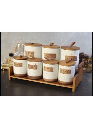 7*1 jar set with wooden lid, sugar, tea, coffee set + 3-piece porcelain spice set, large size 750 ml.. 4-piece size 400 ml - pzsku/Z2B1D17F0B35EB98DE3F5Z/45/1746955110/28dde6fd-a3bd-4b29-a2d7-cd402ca80eee