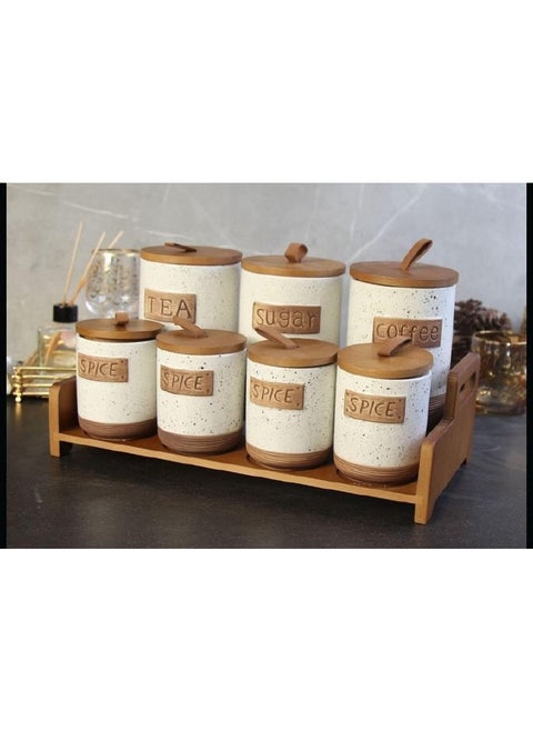 7*1 jar set with wooden lid, sugar, tea, coffee set + 3-piece porcelain spice set, large size 750 ml.. 4-piece size 400 ml