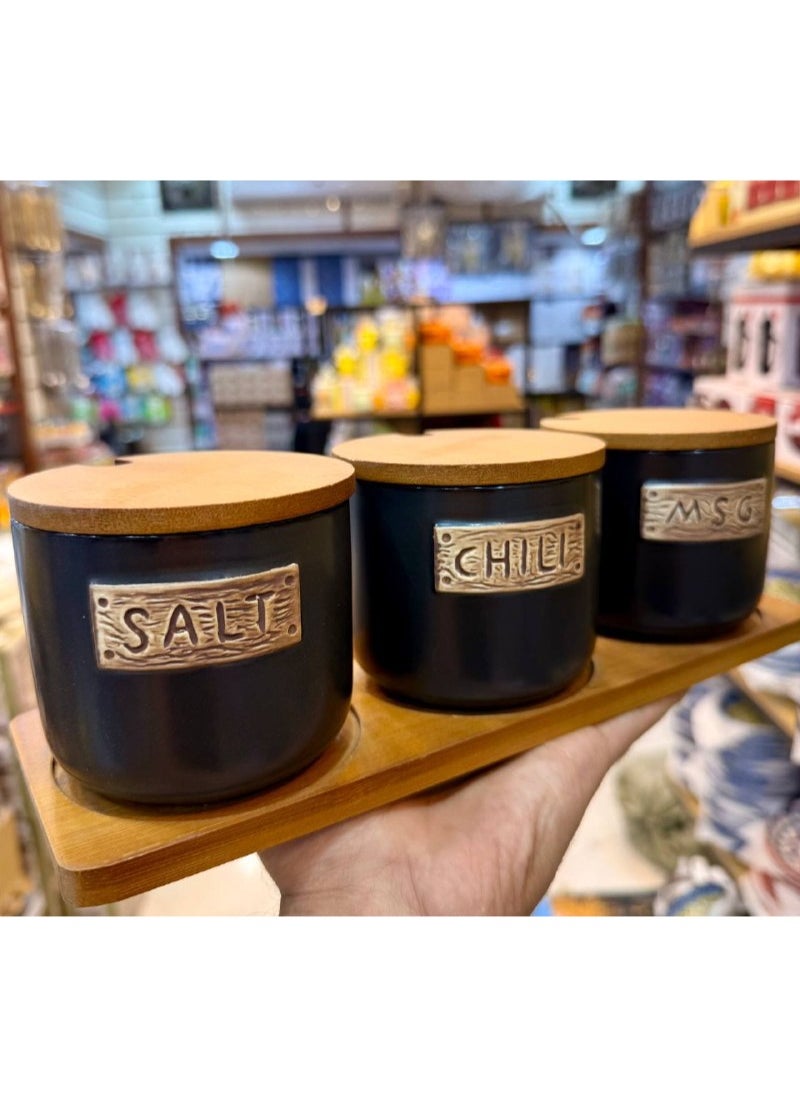Generic - 7*1 jar set with wooden lid, sugar, tea, coffee set + 3-piece porcelain spice set, large size 750 ml.. 4-piece size 400 ml - Image 1