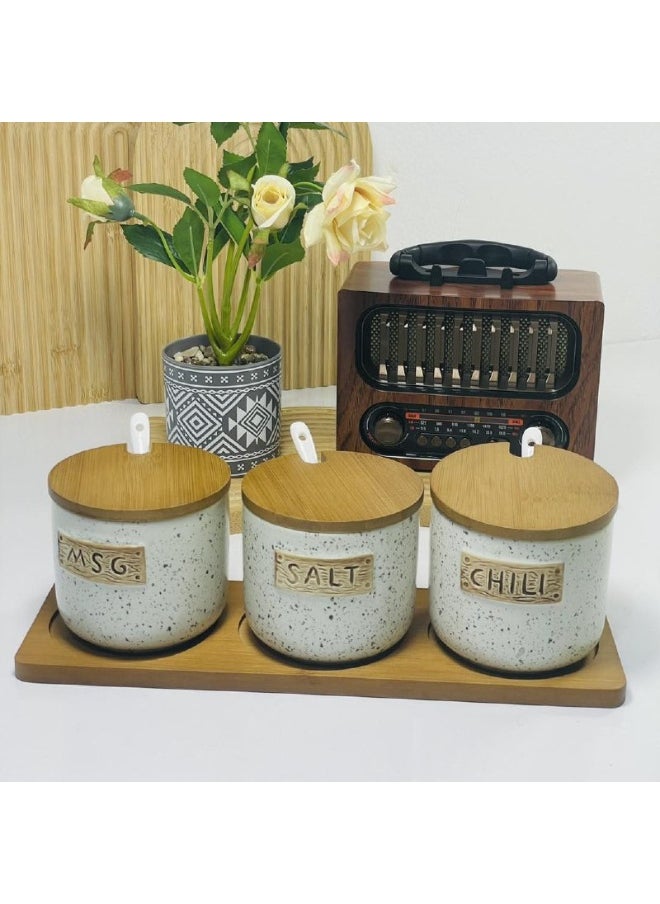 Generic - 7*1 jar set with wooden lid, sugar, tea, coffee set + 3-piece porcelain spice set, large size 750 ml.. 4-piece size 400 ml - Image 1