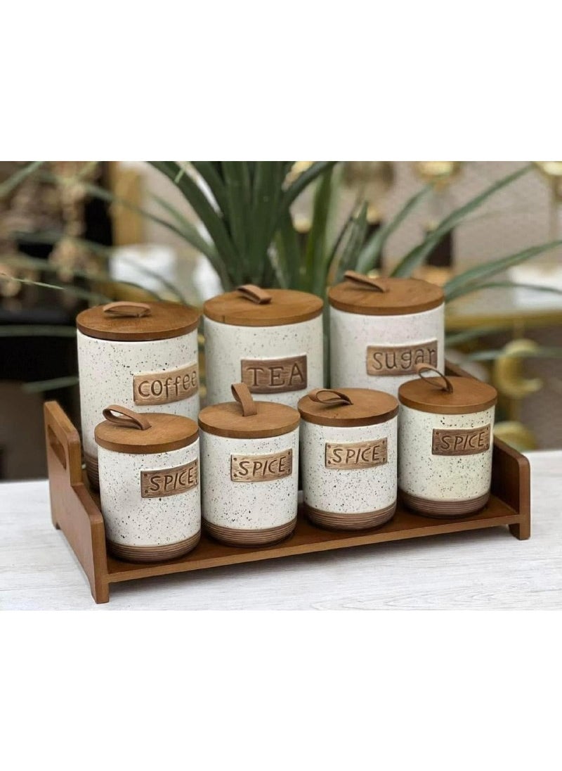 Generic - 7*1 jar set with wooden lid, sugar, tea, coffee set + 3-piece porcelain spice set, large size 750 ml.. 4-piece size 400 ml - Image 1