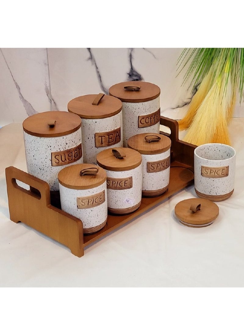 Generic - 7*1 jar set with wooden lid, sugar, tea, coffee set + 3-piece porcelain spice set, large size 750 ml.. 4-piece size 400 ml - Image 1