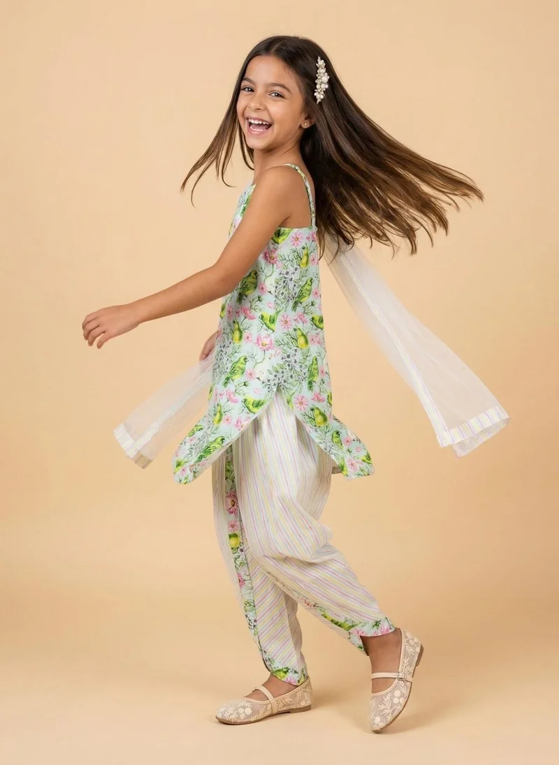 نوتيناتي Nautinati Girls' Cotton Blend Festive Chintz Floral Kurti with Striped Dhoti Pants