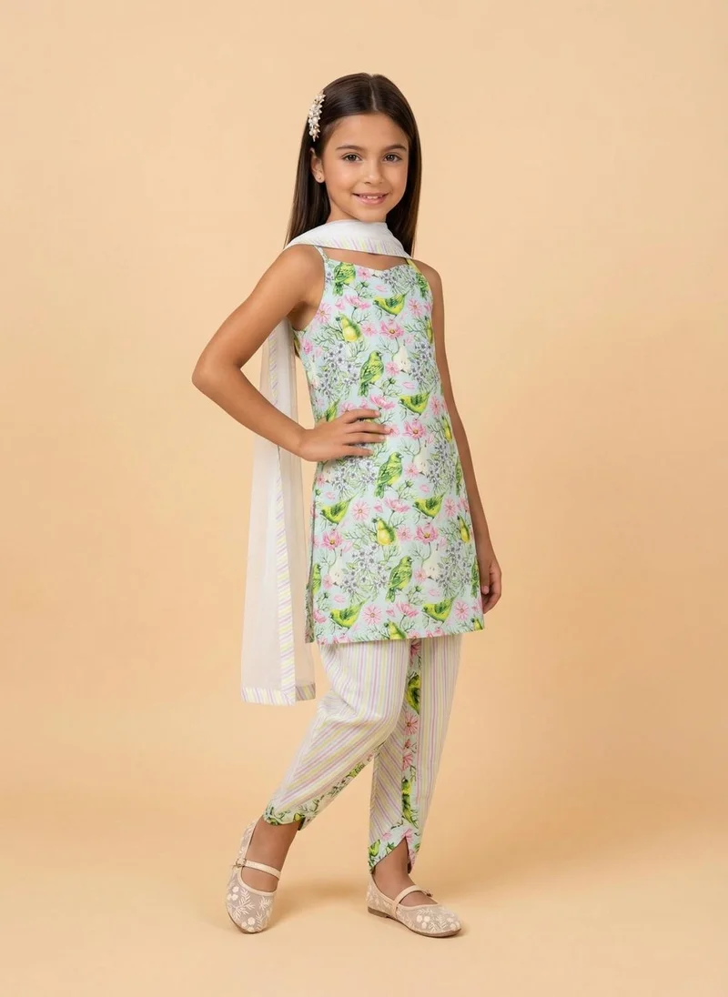 نوتيناتي Nautinati Girls' Cotton Blend Festive Chintz Floral Kurti with Striped Dhoti Pants