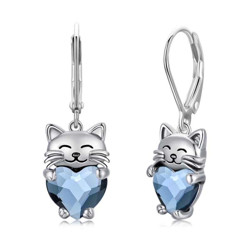 JUSTKIDSTOY Hypoallergenic Cat Earrings 925 Sterling Silver Cute Animal Kitten Leverback Dangle Drop Hoop Earrings Cat Jewelry Gifts for Women Girls Pet Lover - Image 1