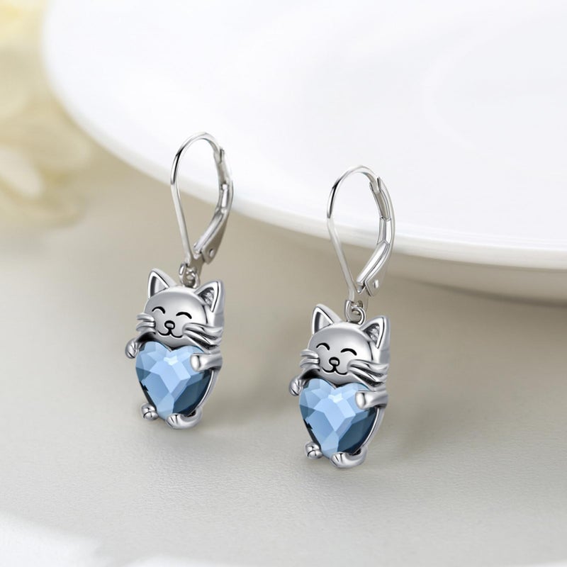 JUSTKIDSTOY Hypoallergenic Cat Earrings 925 Sterling Silver Cute Animal Kitten Leverback Dangle Drop Hoop Earrings Cat Jewelry Gifts for Women Girls Pet Lover - Image 2