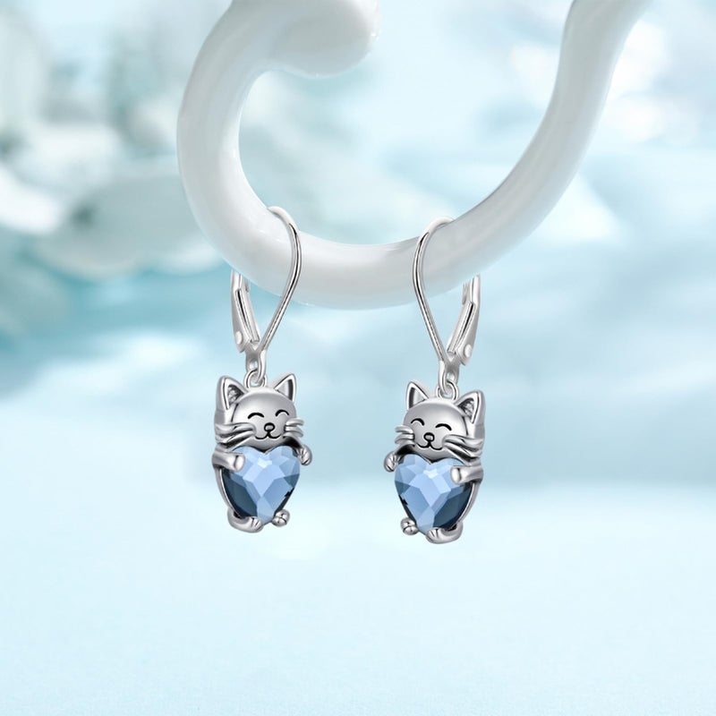 JUSTKIDSTOY Hypoallergenic Cat Earrings 925 Sterling Silver Cute Animal Kitten Leverback Dangle Drop Hoop Earrings Cat Jewelry Gifts for Women Girls Pet Lover - Image 3