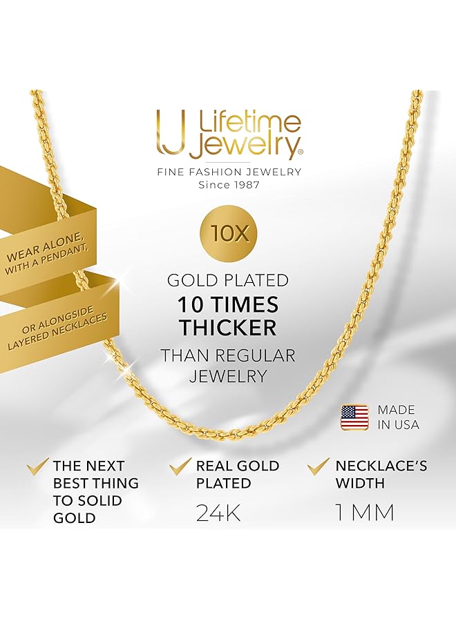Lifetime Jewelry 1Mm Rope Chain Necklace 24K Real Gold Plated For Women And Men - Image 2