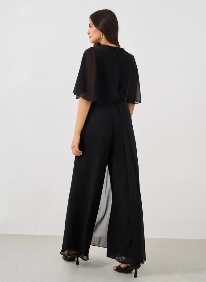 Styli Styli Solid Cape Sleeve Wide Leg Jumpsuit