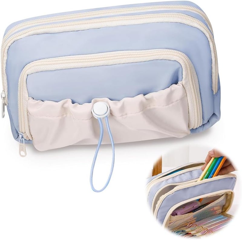 Large Capacity Pencil Case, 4 Compartment Pen Bag, Cute Stationary Organizer for School and Office, Ideal for Teen Girls and Boys, Blue - Image 1