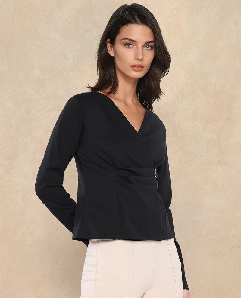 Rareism Rareism Women Mellow Black Full Sleeve V-Neck Zip Closure Plain Top