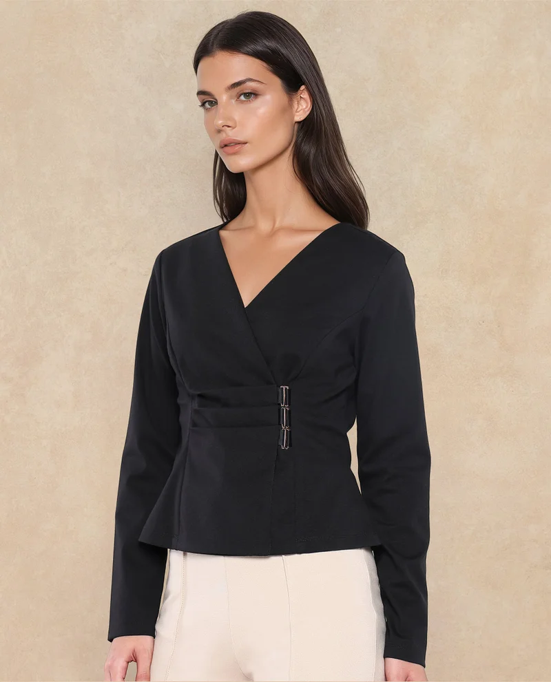 Rareism Rareism Women Mellow Black Full Sleeve V-Neck Zip Closure Plain Top