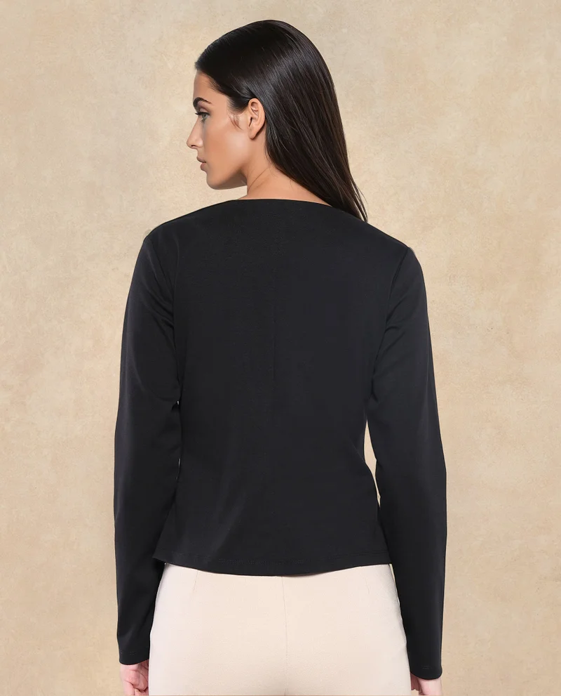 Rareism Rareism Women Mellow Black Full Sleeve V-Neck Zip Closure Plain Top