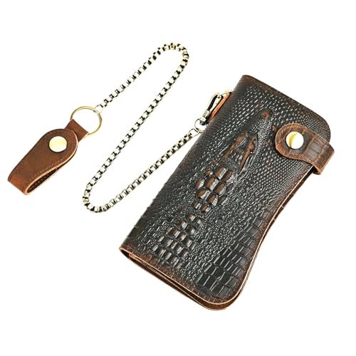 Handadsume Genuine Crazy Horse Leather Travel Gift Coin Pocket Card Case Long Organizer Chain Rfid Wallet Purse With Snap For Men Male 1088 1088 Dark BrownCrocodile - Image 1
