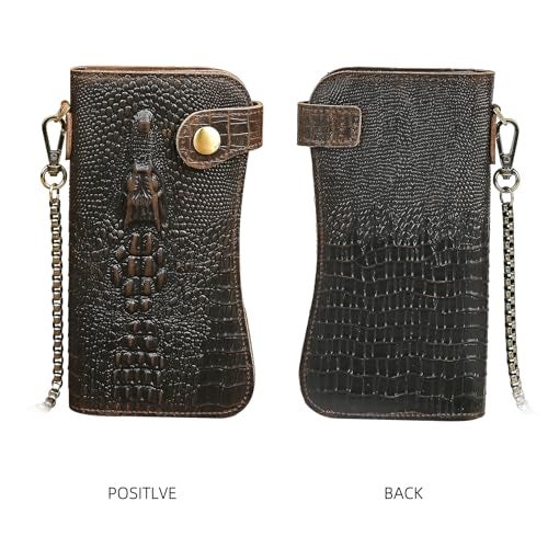 Handadsume Genuine Crazy Horse Leather Travel Gift Coin Pocket Card Case Long Organizer Chain Rfid Wallet Purse With Snap For Men Male 1088 1088 Dark BrownCrocodile - Image 3