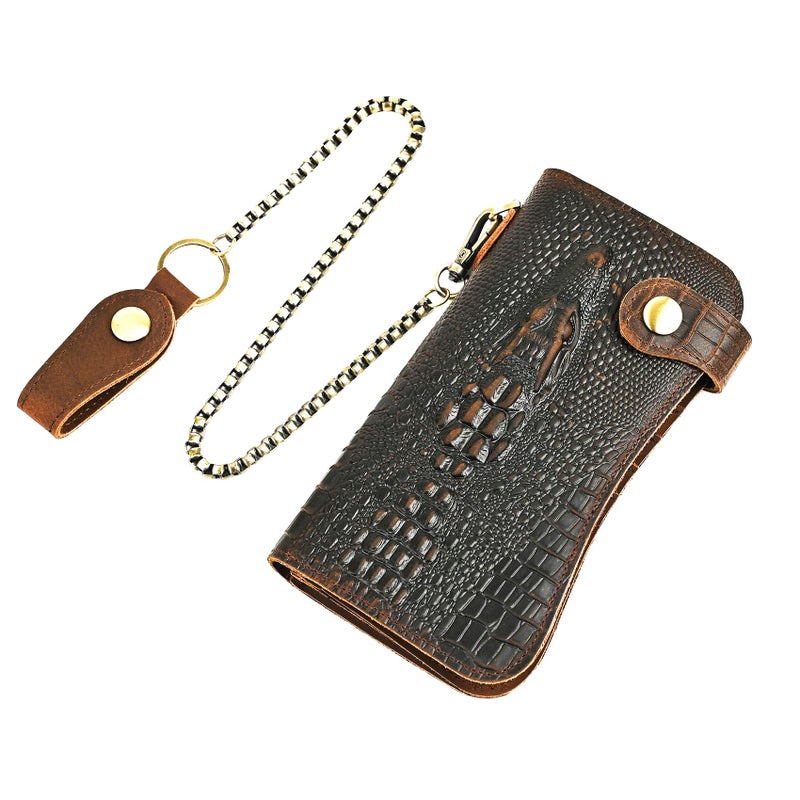 Handadsume Genuine Crazy Horse Leather Travel Gift Coin Pocket Card Case Long Organizer Chain Rfid Wallet Purse With Snap For Men Male 1088 1088 Dark BrownCrocodile - Image 2