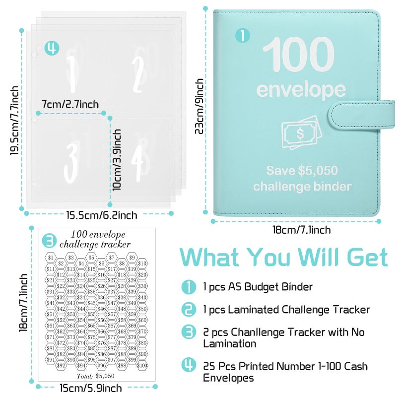 Pemocyny 100 Envelopes Money Saving Challenge Binder with Reusable Laminated Tracker, Budget Book with Cash Envelopes, Easy and Fun Way to Save $5,050 (Pink and Blue) - Image 2