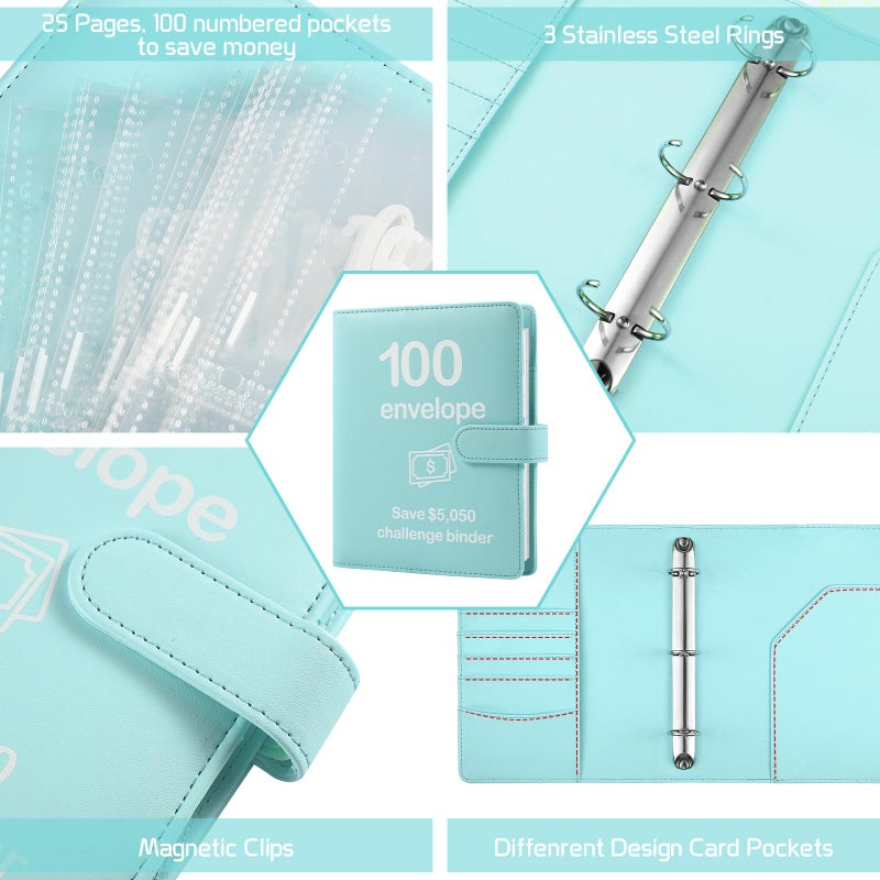 Pemocyny 100 Envelopes Money Saving Challenge Binder with Reusable Laminated Tracker, Budget Book with Cash Envelopes, Easy and Fun Way to Save $5,050 (Pink and Blue) - Image 3